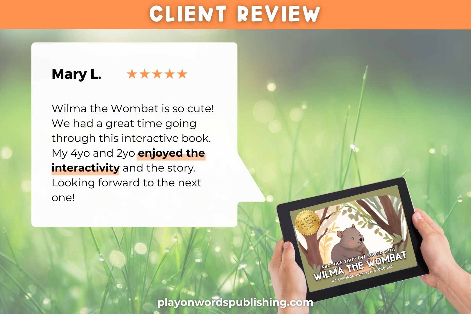 Five star client review for Wilma the Wombat speech sound eBook